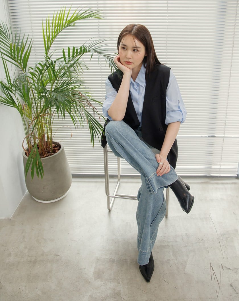 細節口袋剪接無領西裝背心