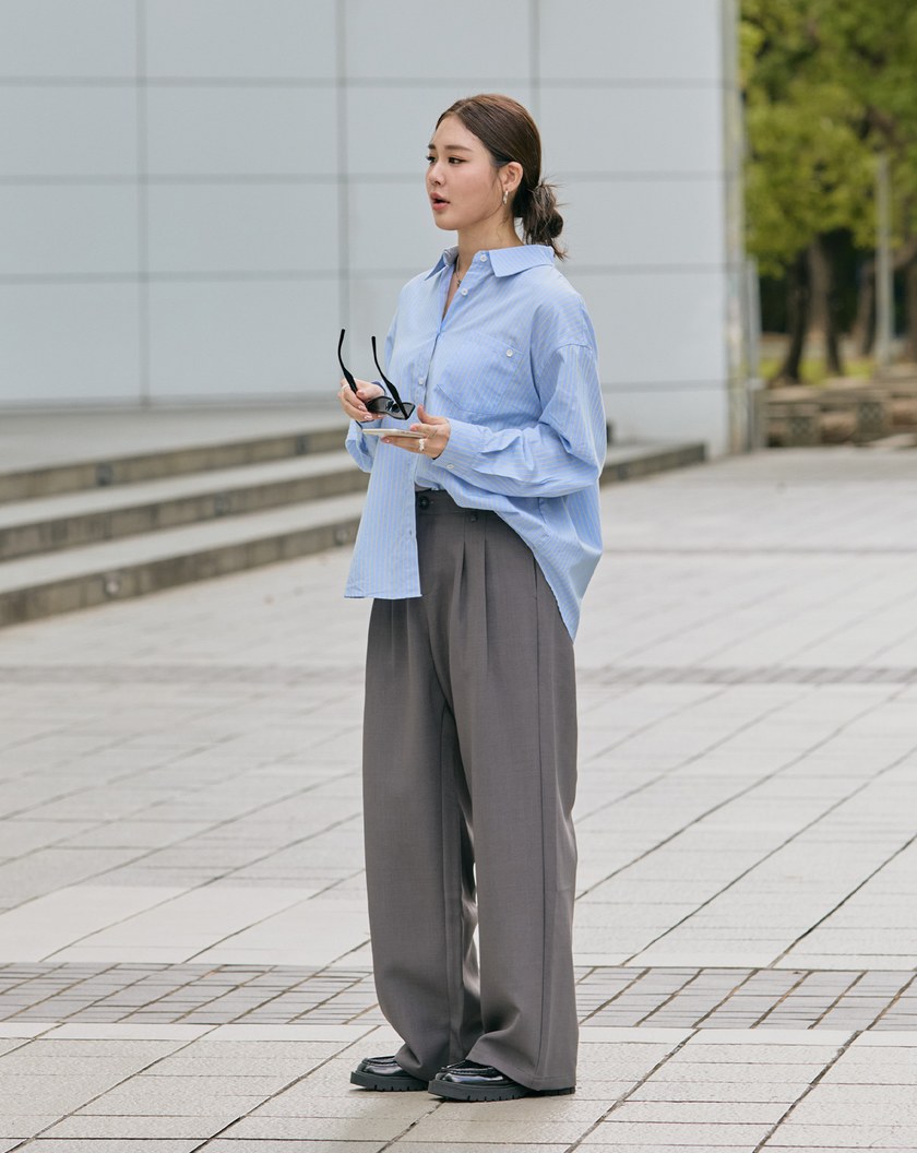 高腰打褶顯瘦直筒西裝褲(兩色)