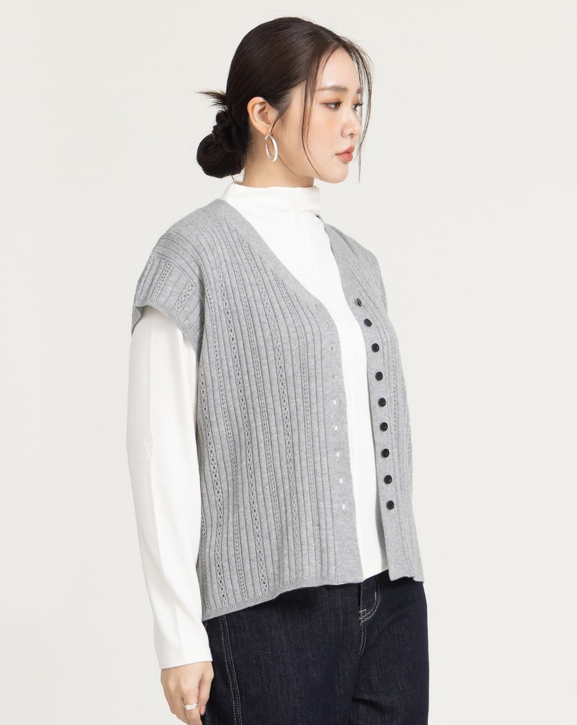 V領鏤空短袖針織上衣(三色)