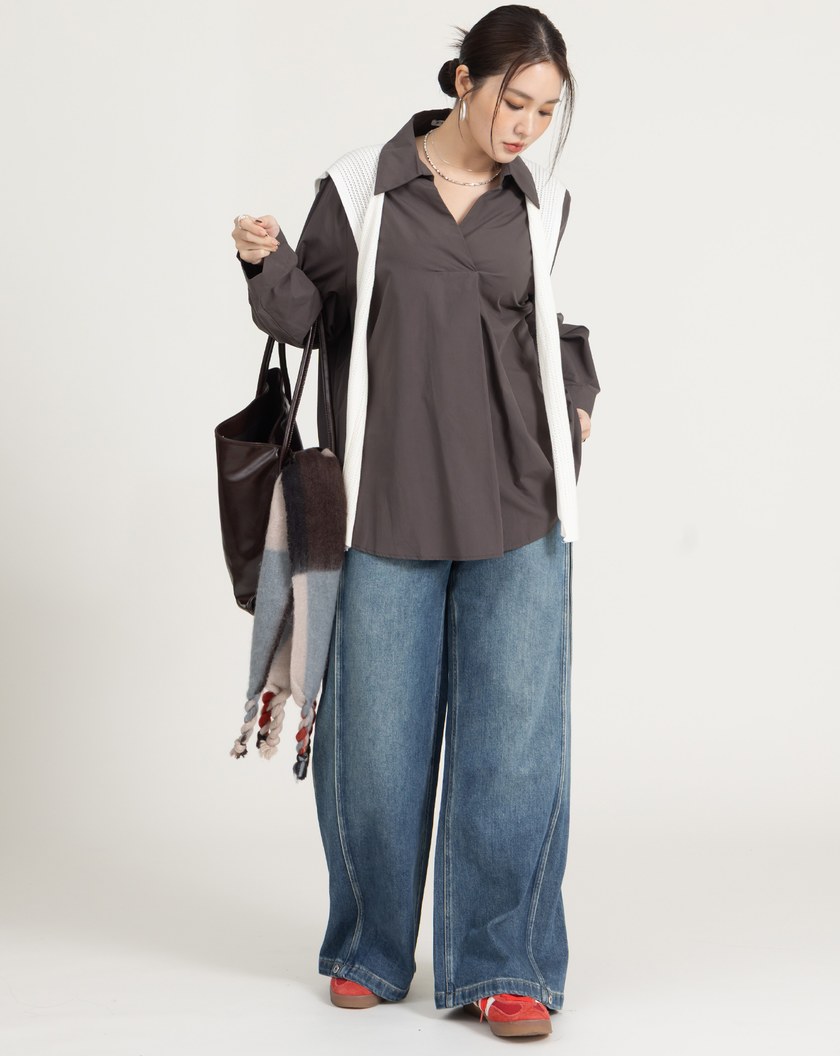 附披肩V領純棉寬鬆襯衫(兩色)