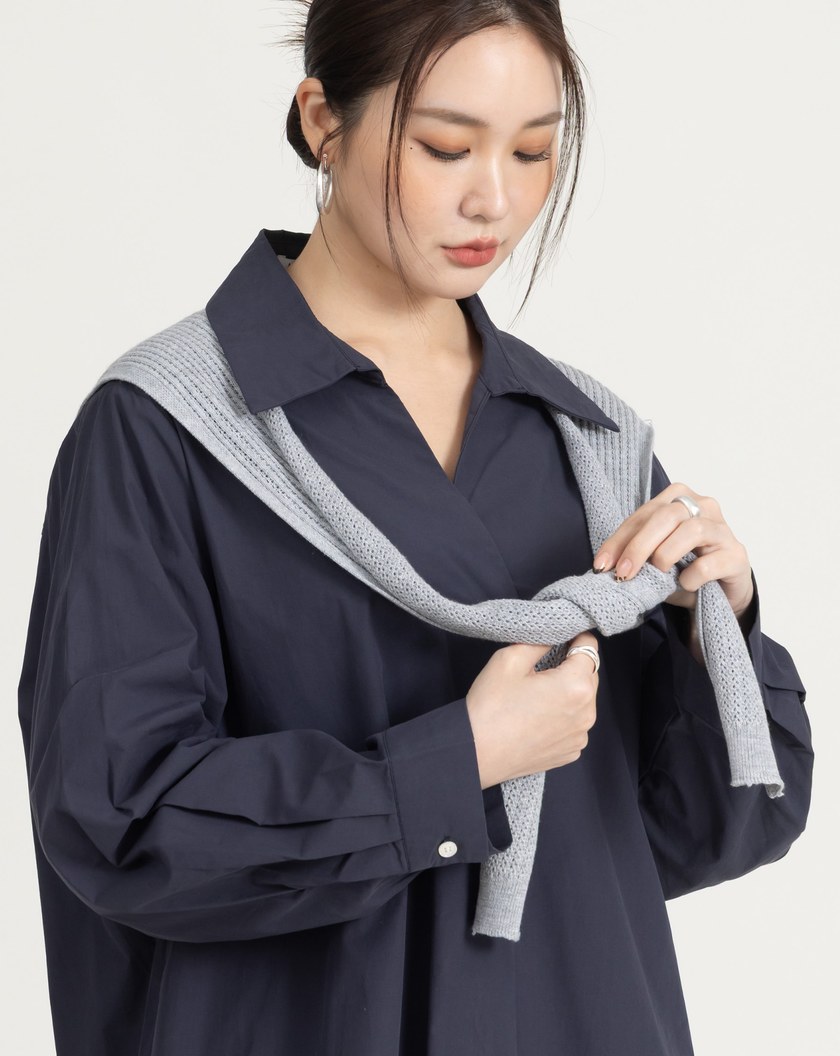 附披肩V領純棉寬鬆襯衫(兩色)