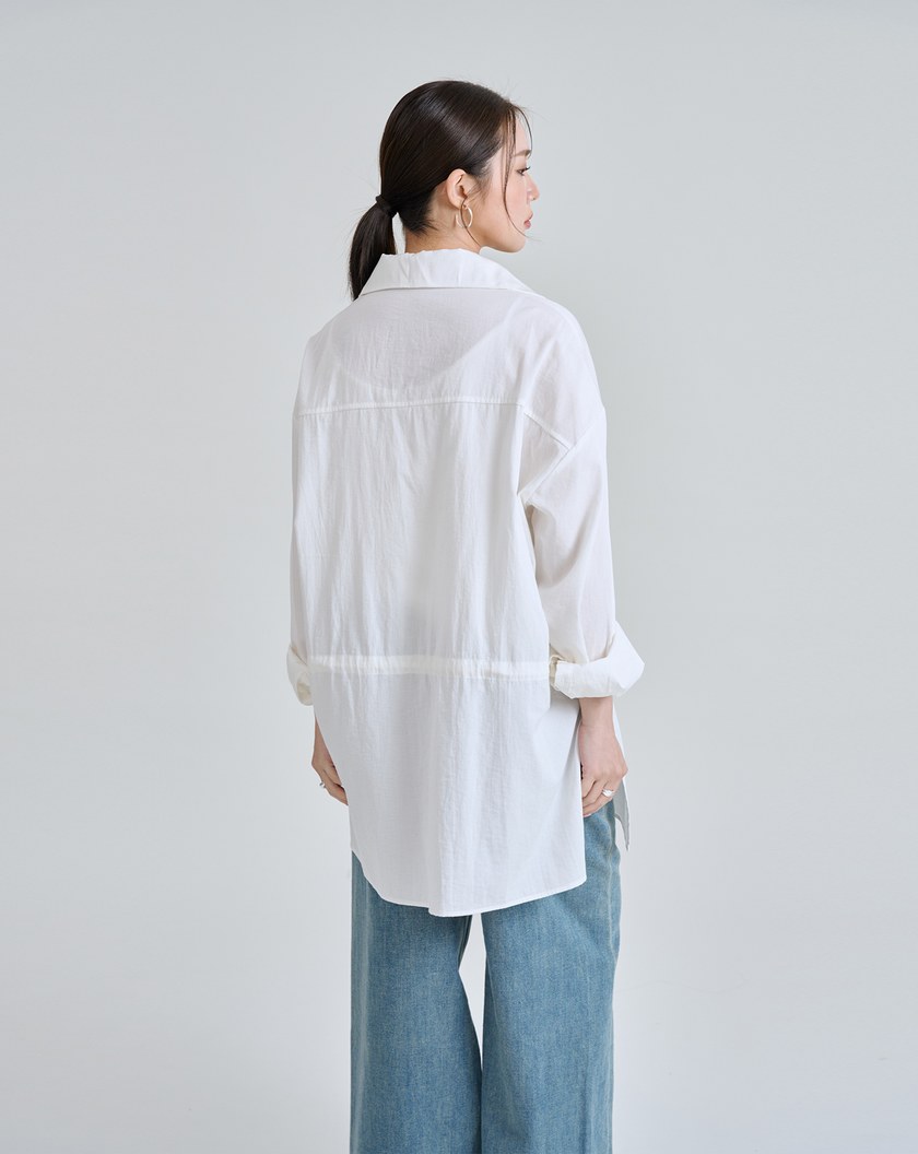 率性拉鍊半開襟腰部抽繩長版上衣