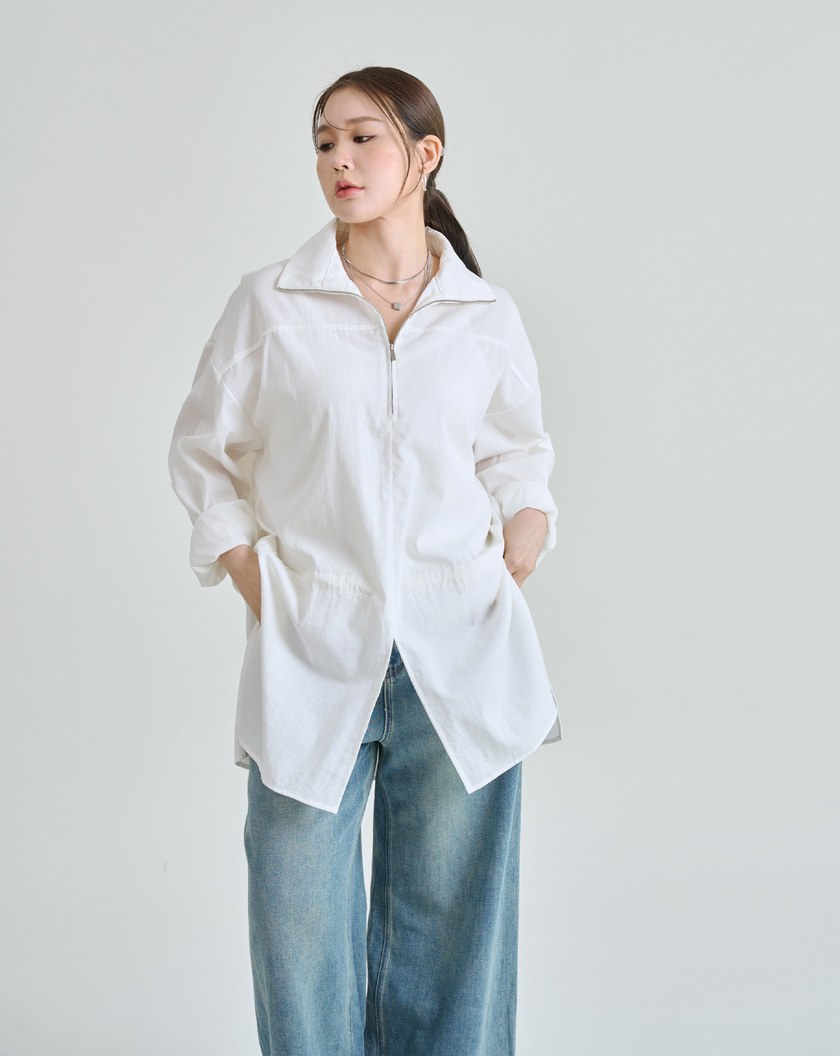 率性拉鍊半開襟腰部抽繩長版上衣