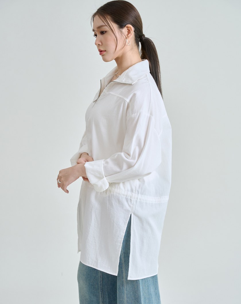 率性拉鍊半開襟腰部抽繩長版上衣