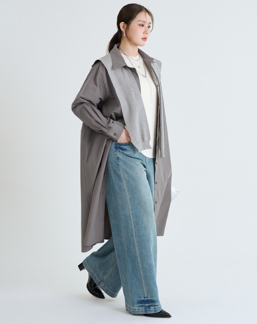 附披肩純棉長版襯衫外套洋裝(兩色)