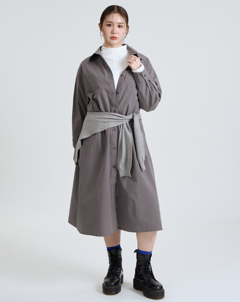 附披肩純棉長版襯衫外套洋裝(兩色)