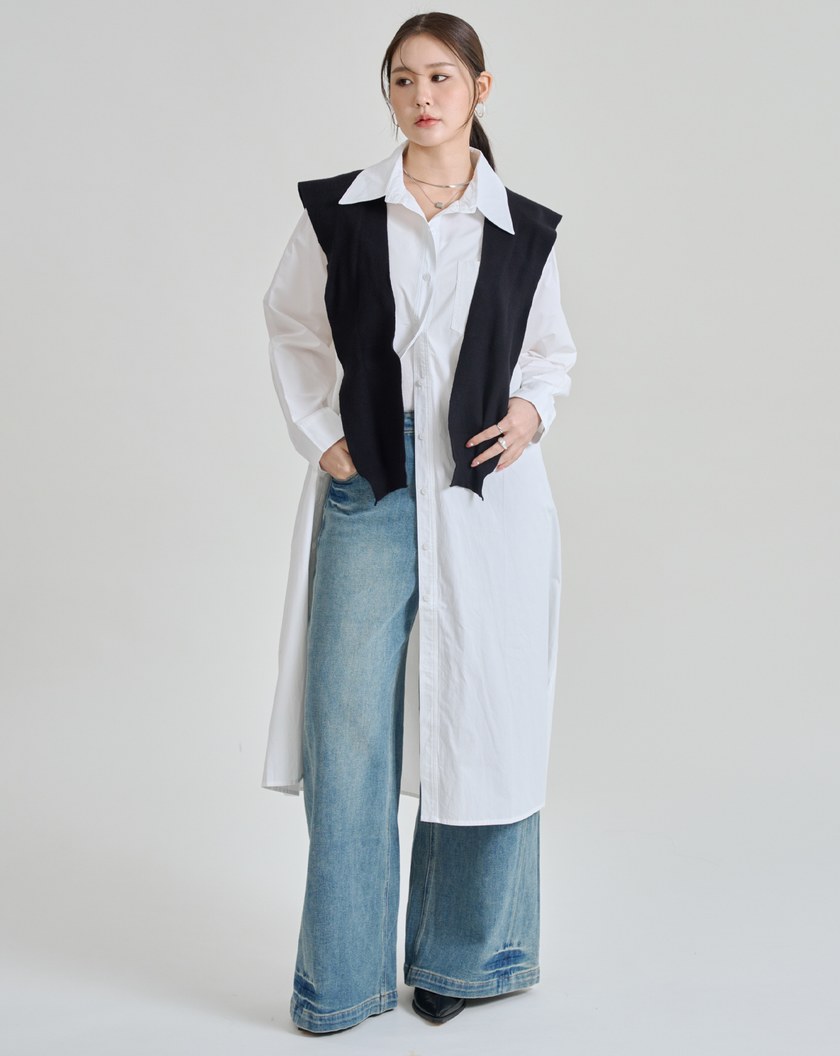 附披肩純棉長版襯衫外套洋裝(兩色)