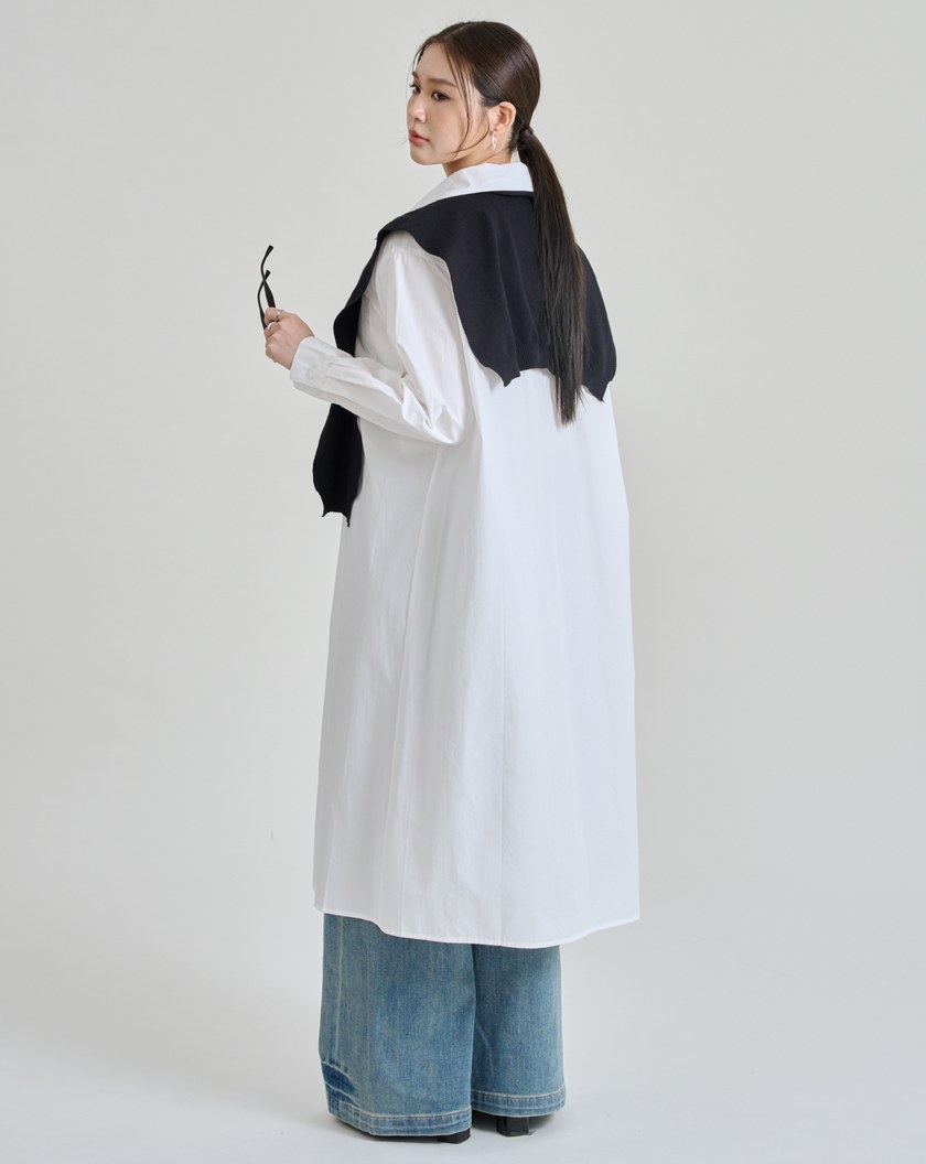 附披肩純棉長版襯衫外套洋裝(兩色)