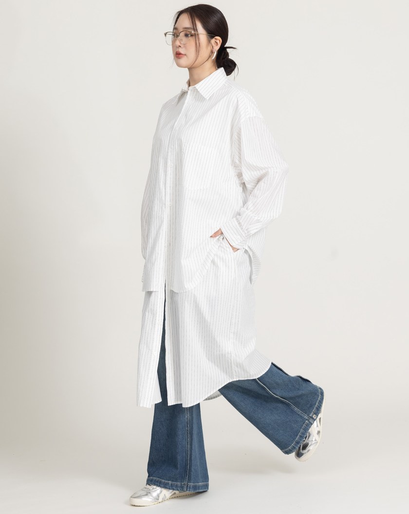 雙層設計純棉條紋襯衫洋裝(兩色)