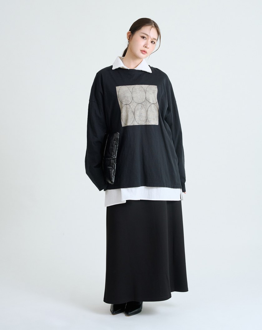 幾何圖案廓形純棉長袖T恤(三色)