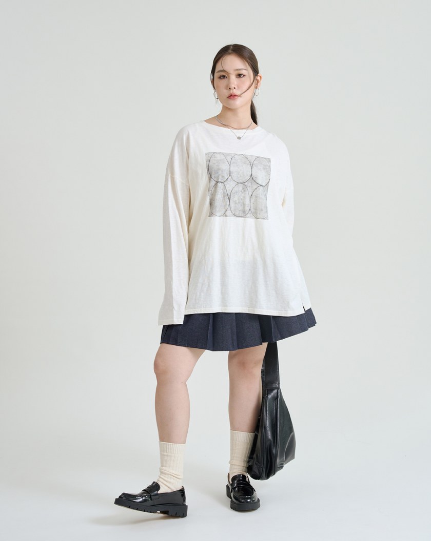 幾何圖案廓形純棉長袖T恤(三色)