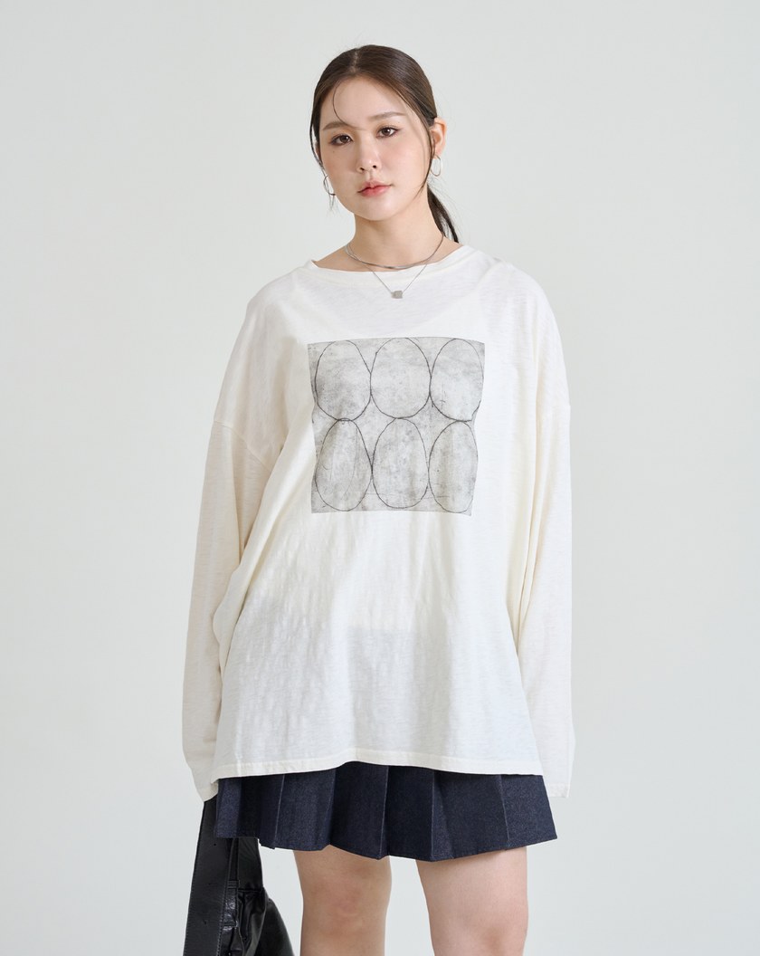 幾何圖案廓形純棉長袖T恤(三色)
