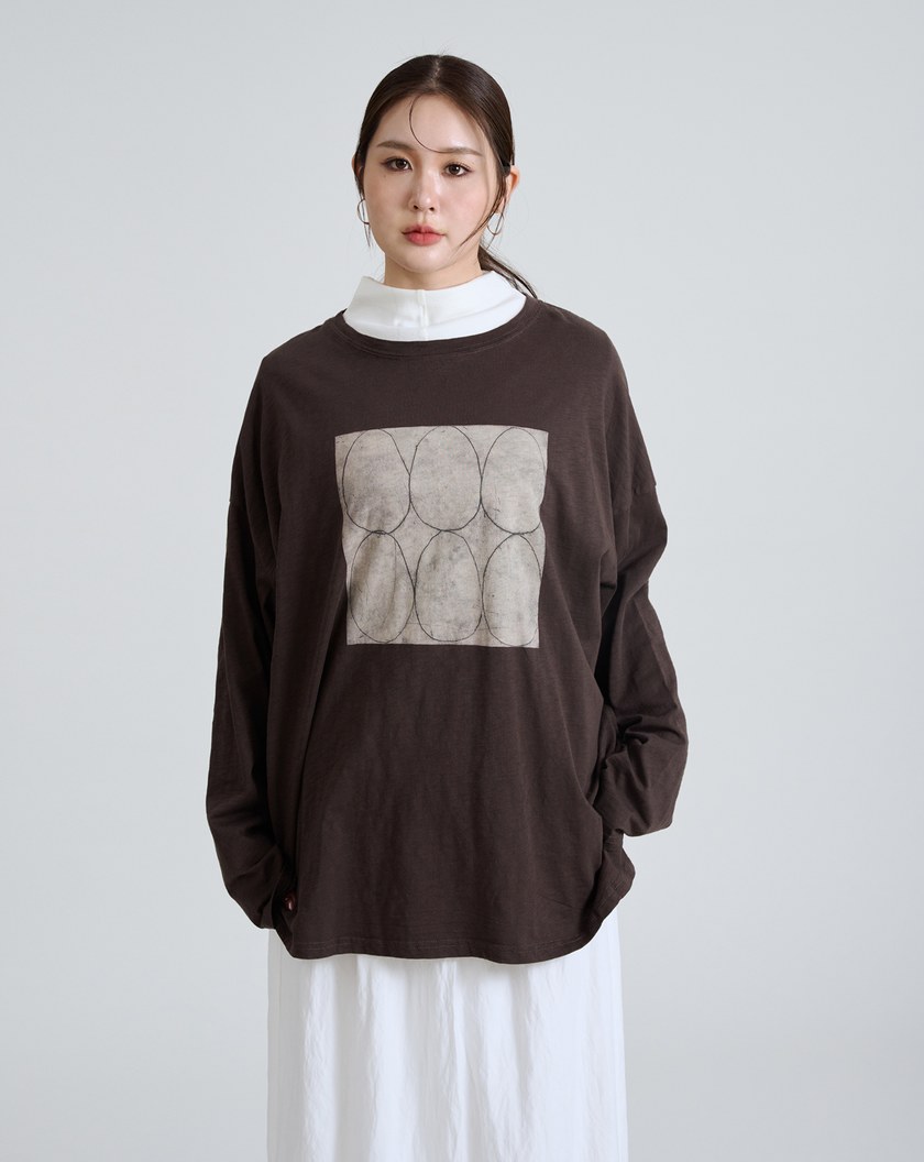 幾何圖案廓形純棉長袖T恤(三色)