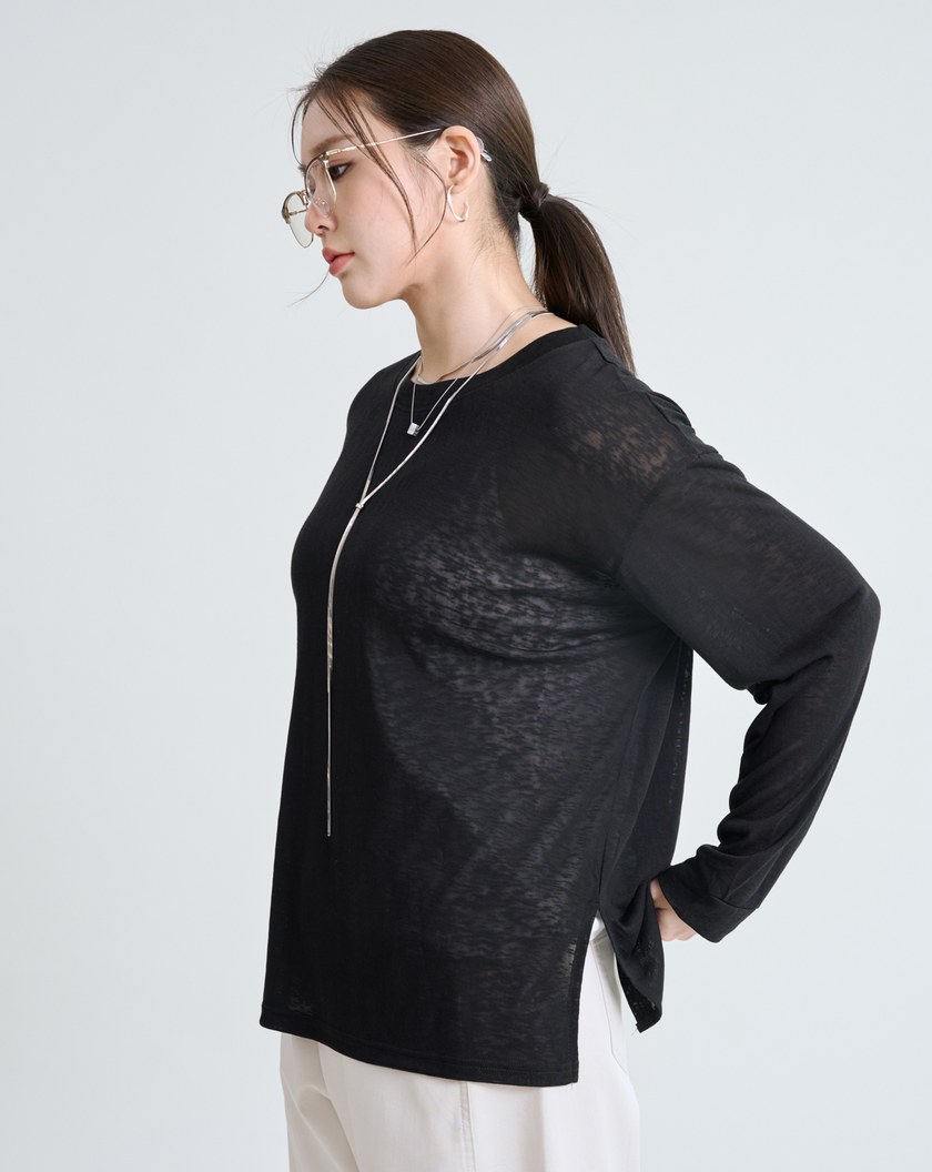 鬆弛感天絲透膚長袖上衣(三色)