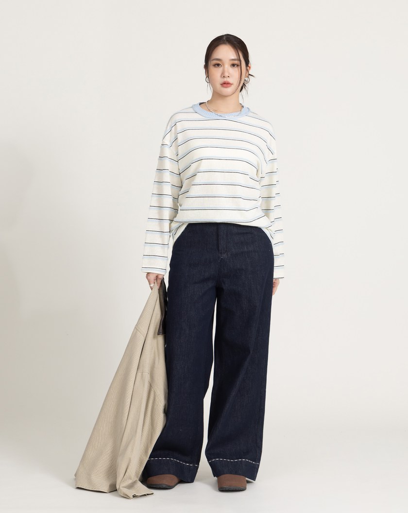 配色毛絨條紋長袖T恤(三色)