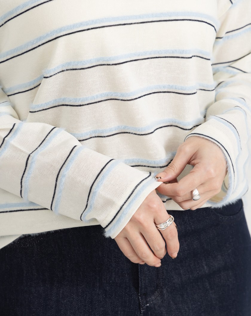 配色毛絨條紋長袖T恤(三色)