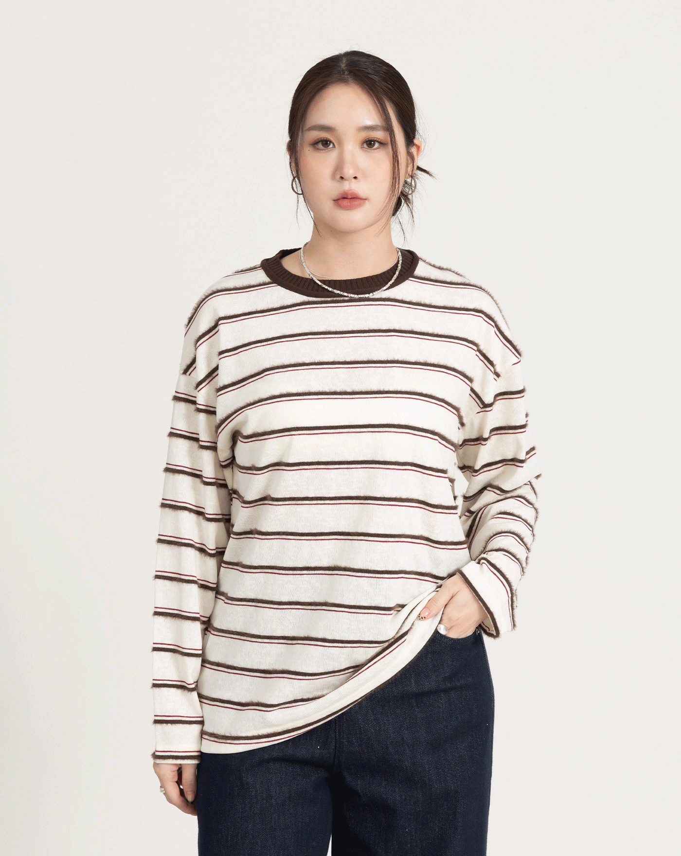 配色毛絨條紋長袖T恤(三色)