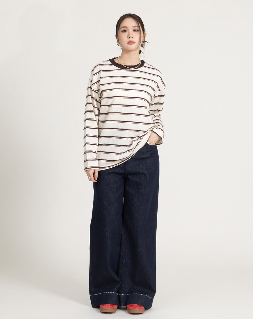 配色毛絨條紋長袖T恤(三色)