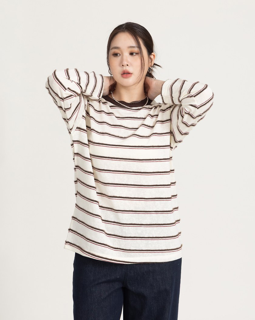 配色毛絨條紋長袖T恤(三色)