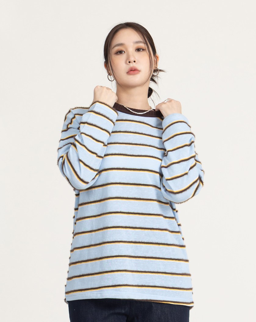 配色毛絨條紋長袖T恤(三色)