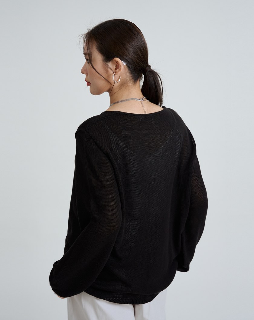 個性造型V領透膚針織上衣(兩色)