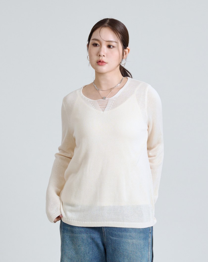個性造型V領透膚針織上衣(兩色)