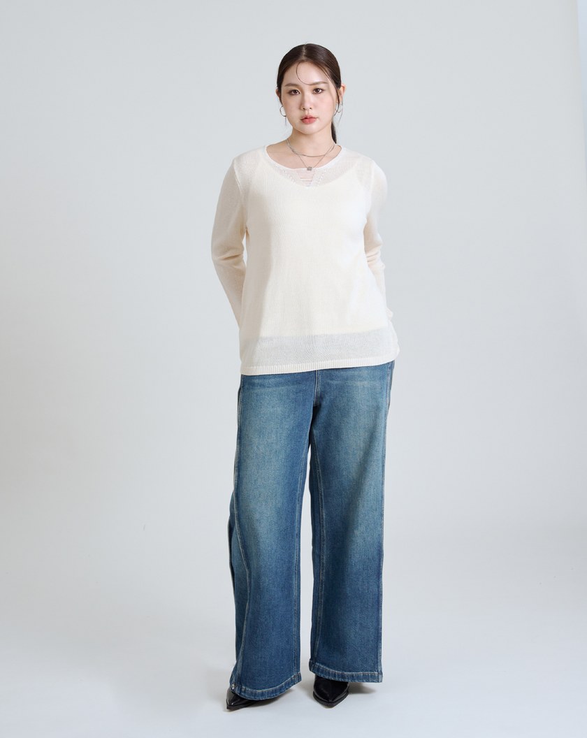 個性造型V領透膚針織上衣(兩色)