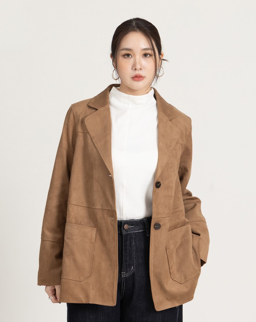 不褪色俐落感麂皮長版西裝外套