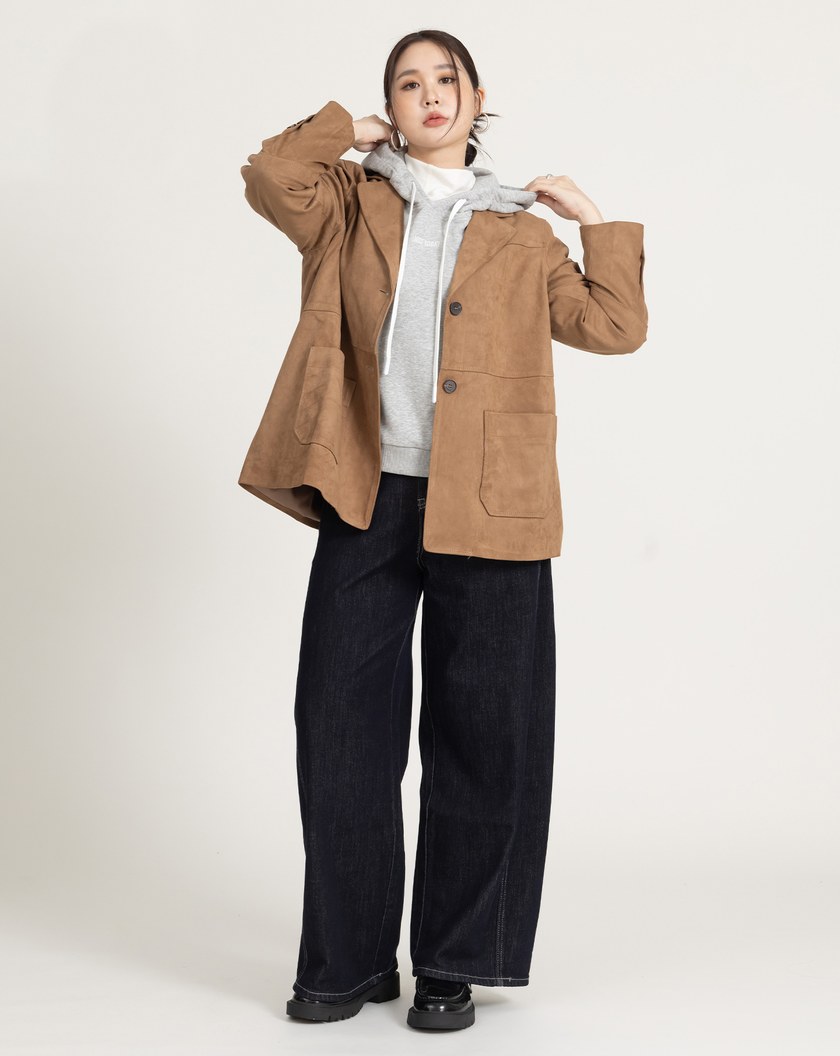 不褪色俐落感麂皮長版西裝外套