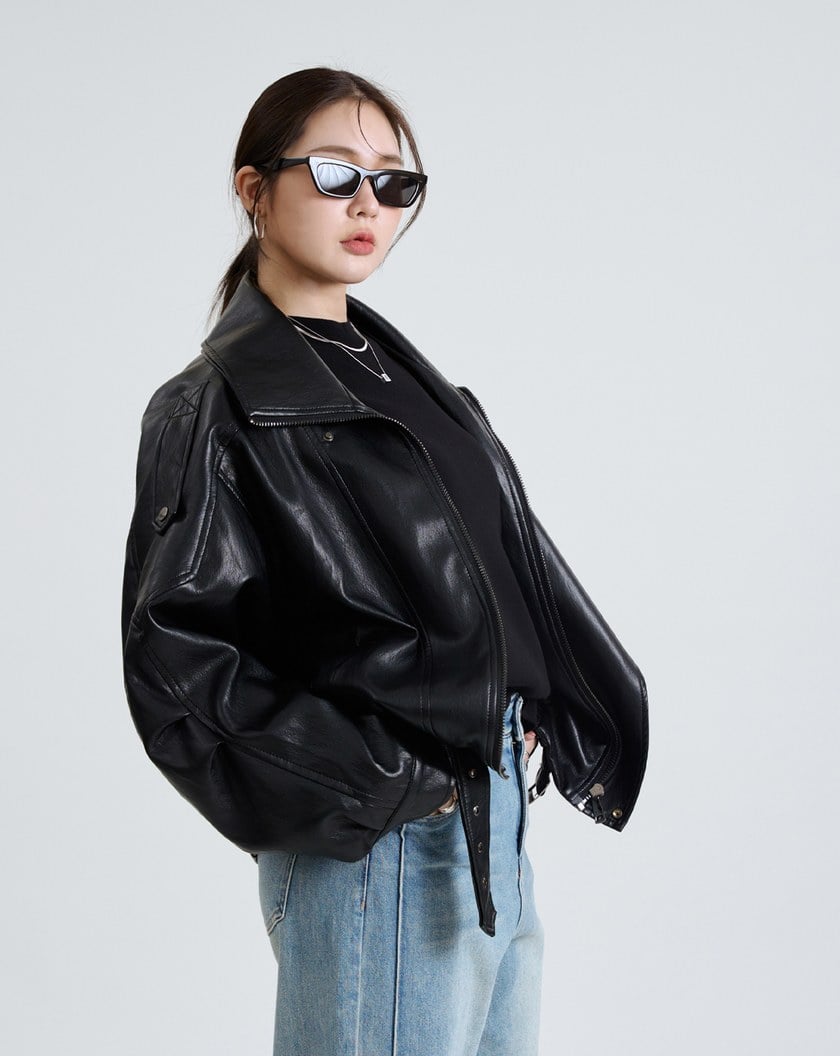 率性雙層領Oversize柔軟皮衣外套(兩色)