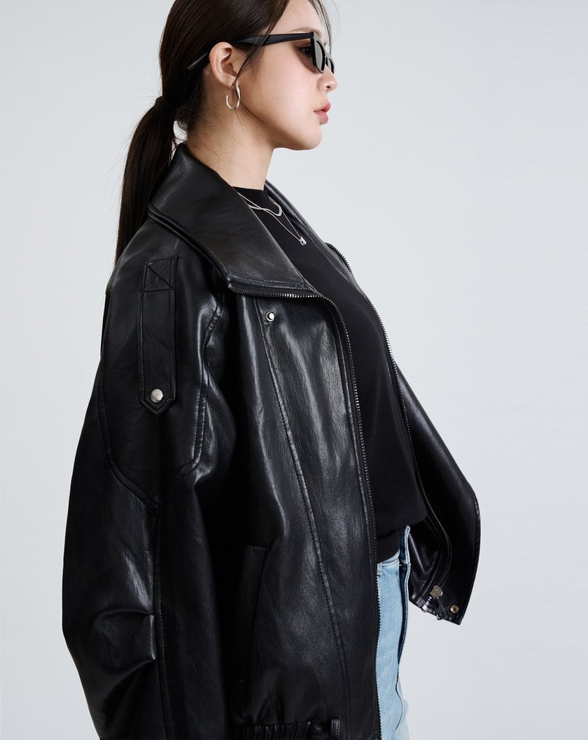 率性雙層領Oversize柔軟皮衣外套(兩色)