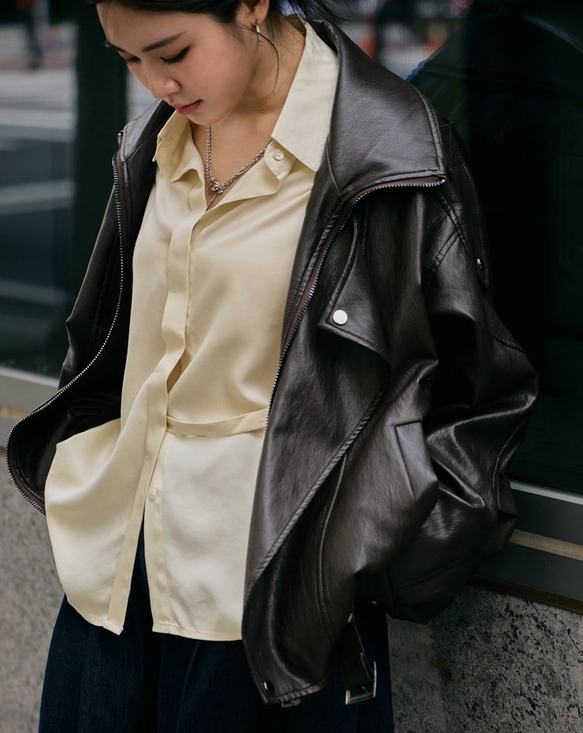 率性雙層領Oversize柔軟皮衣外套(兩色)