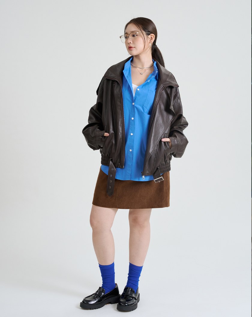 率性雙層領Oversize柔軟皮衣外套(兩色)