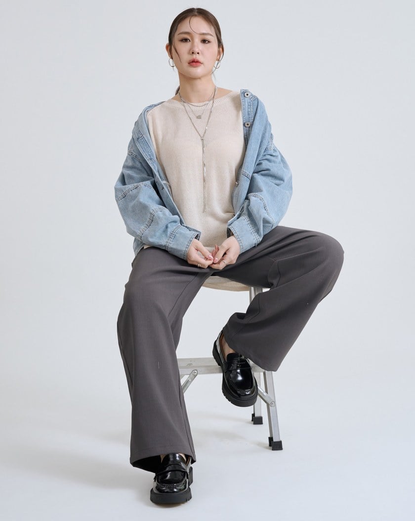 無領開襟造型剪接牛仔外套