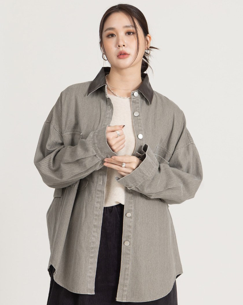 巴恩風皮質翻領牛仔襯衫外套(三色)