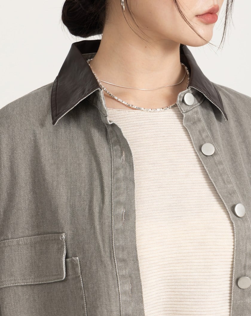 巴恩風皮質翻領牛仔襯衫外套(三色)