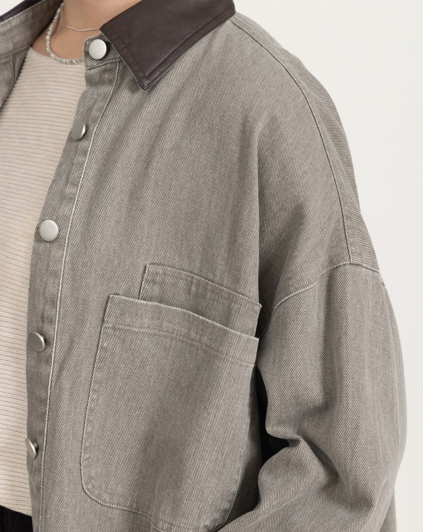 巴恩風皮質翻領牛仔襯衫外套(三色)