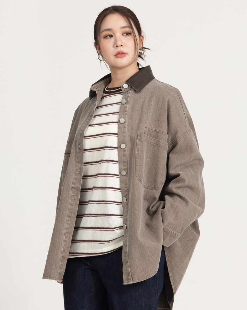 巴恩風皮質翻領牛仔襯衫外套(三色)