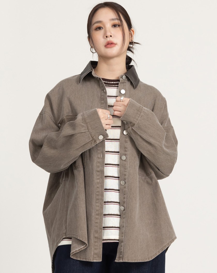 巴恩風皮質翻領牛仔襯衫外套(三色)