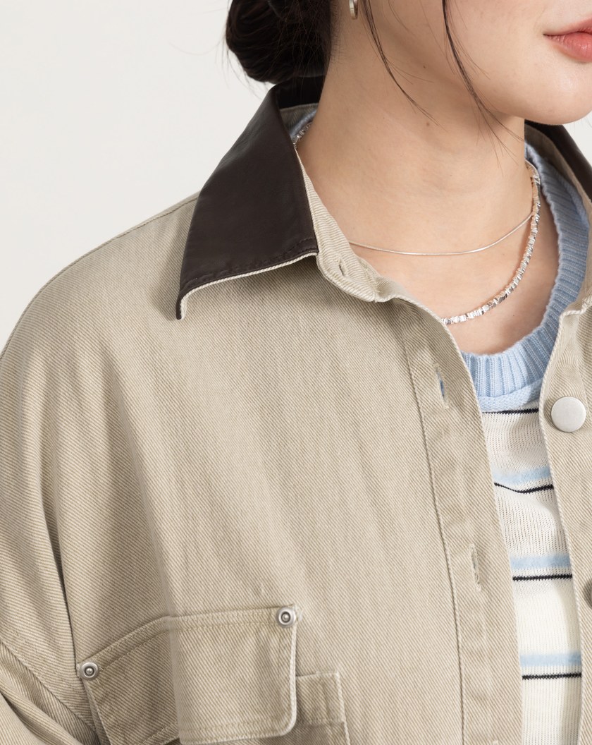 巴恩風皮質翻領牛仔襯衫外套(三色)