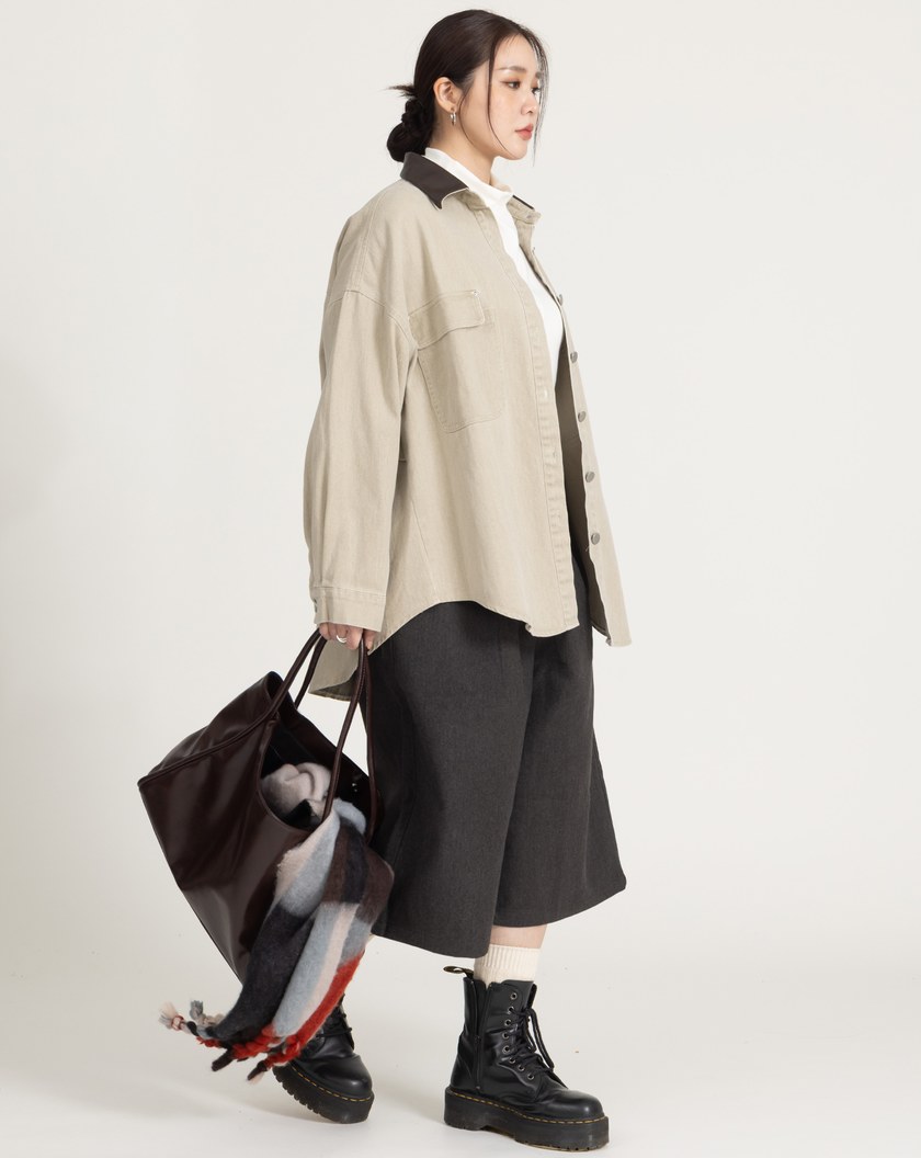 巴恩風皮質翻領牛仔襯衫外套(三色)