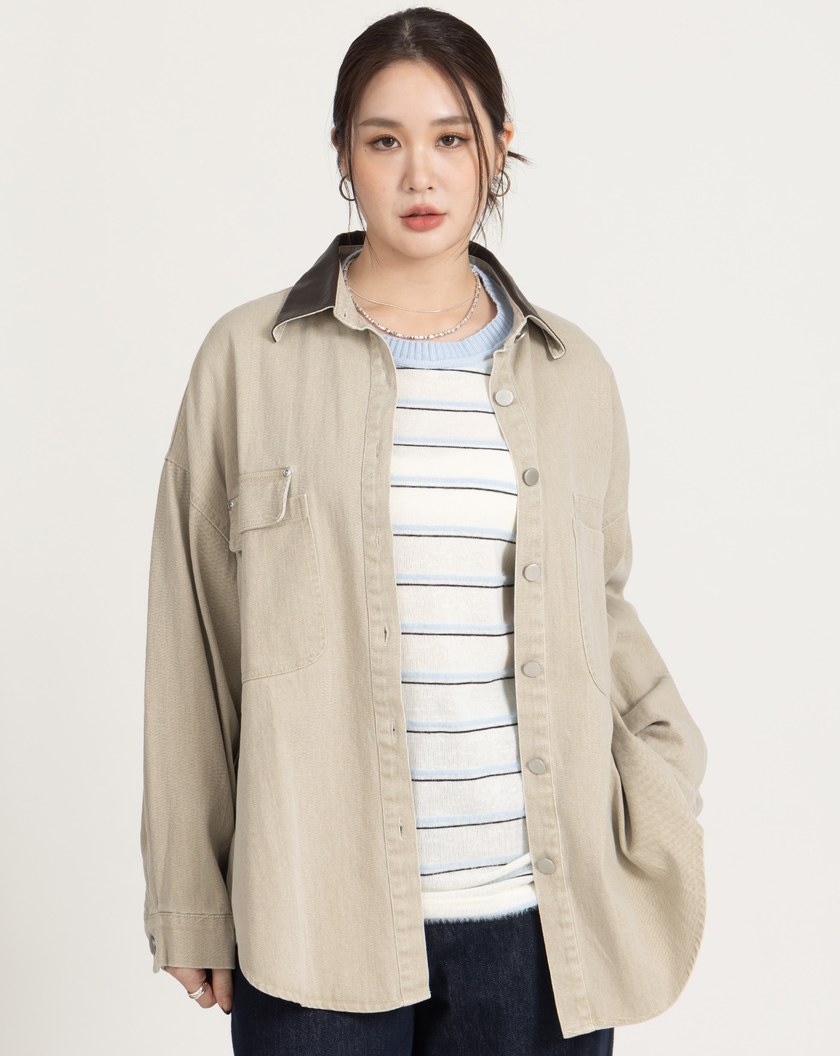 巴恩風皮質翻領牛仔襯衫外套(三色)