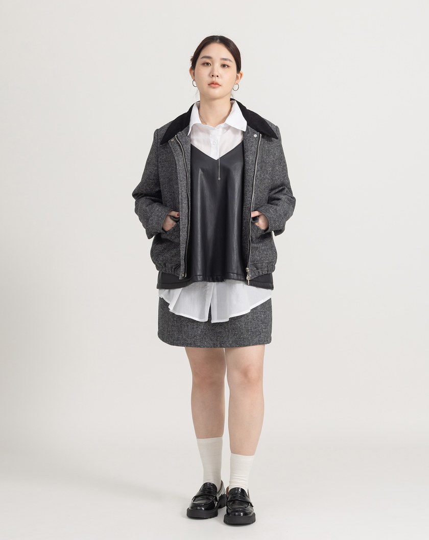 雙色織紋全腰鬆緊羊毛短裙