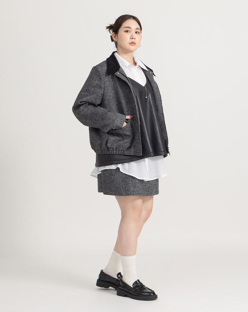 雙色織紋全腰鬆緊羊毛短裙