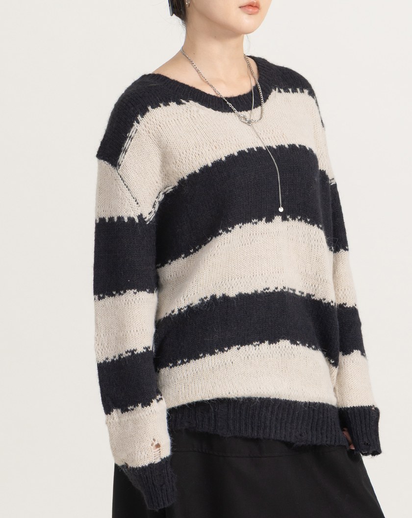 鬆弛感黑白條紋粗針織上衣