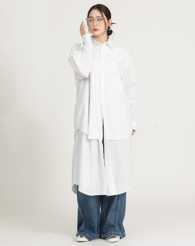 雙層設計純棉條紋襯衫洋裝(兩色)