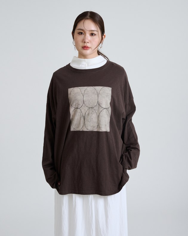 幾何圖案廓形純棉長袖T恤(三色)