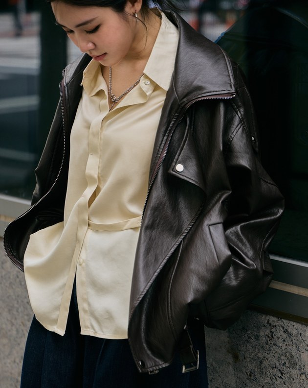 率性雙層領Oversize柔軟皮衣外套(兩色)