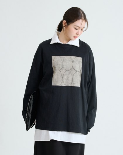 幾何圖案廓形純棉長袖T恤(三色)