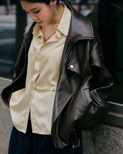 率性雙層領Oversize柔軟皮衣外套(兩色)